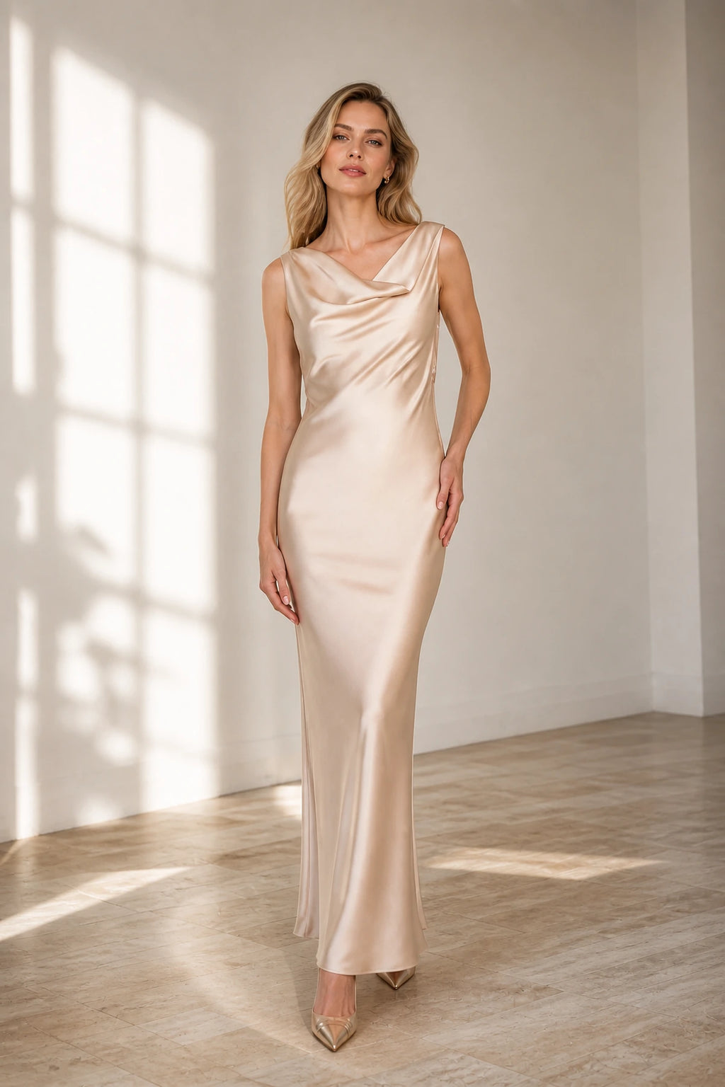 Champagne cowl neck sleeveless long bridesmaid dress by GraceProm