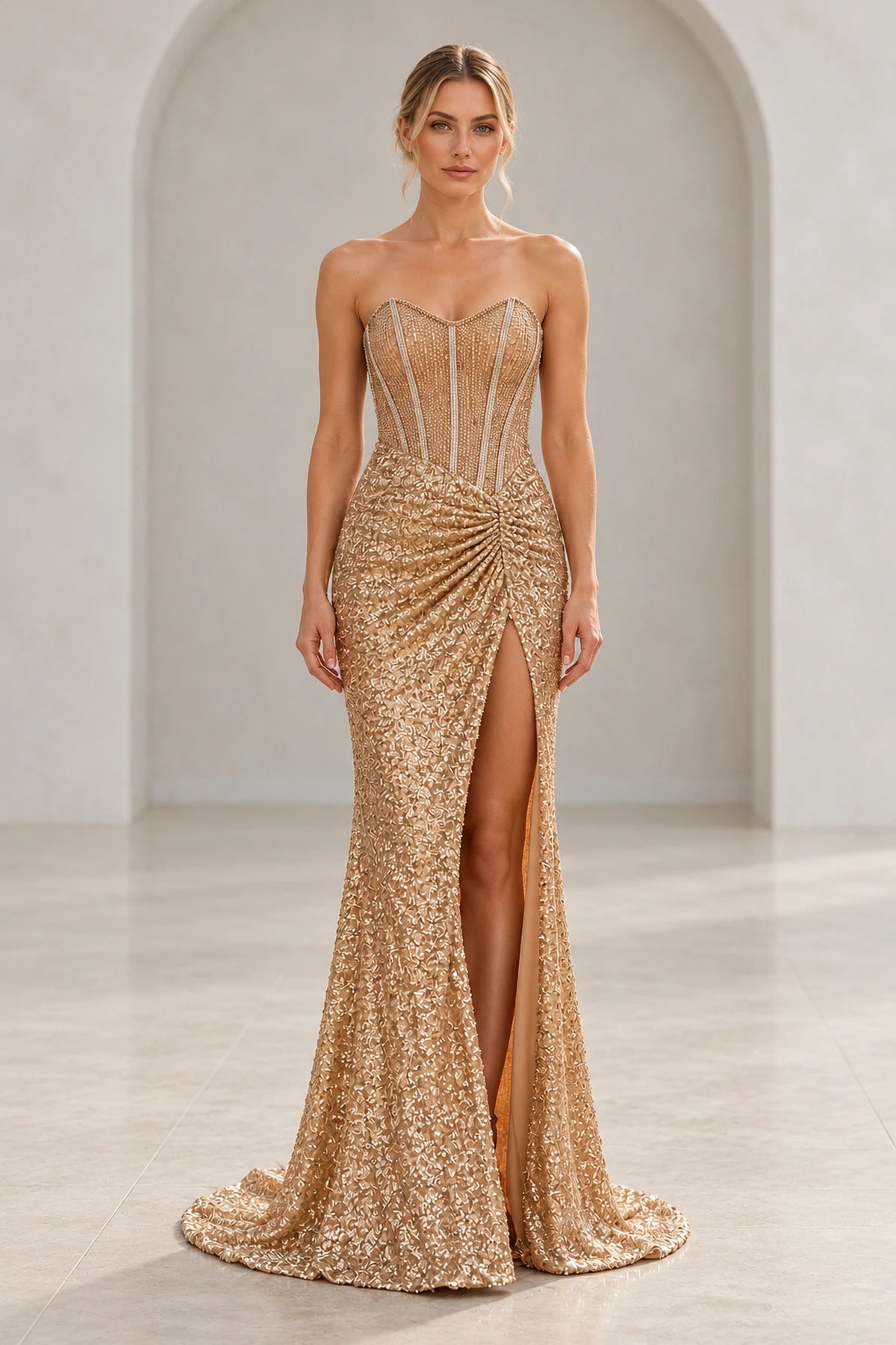 Champagne gold mermaid prom dress with a strapless sweetheart neckline, sparkling beaded corset bodice, ruched waist, thigh-high slit, and floor-length skirt.