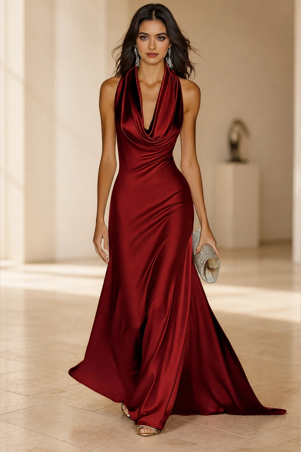 Luxe A-Line Cowl Halter Sleeveless Open-Back Floor-Length Wedding Guest Dress