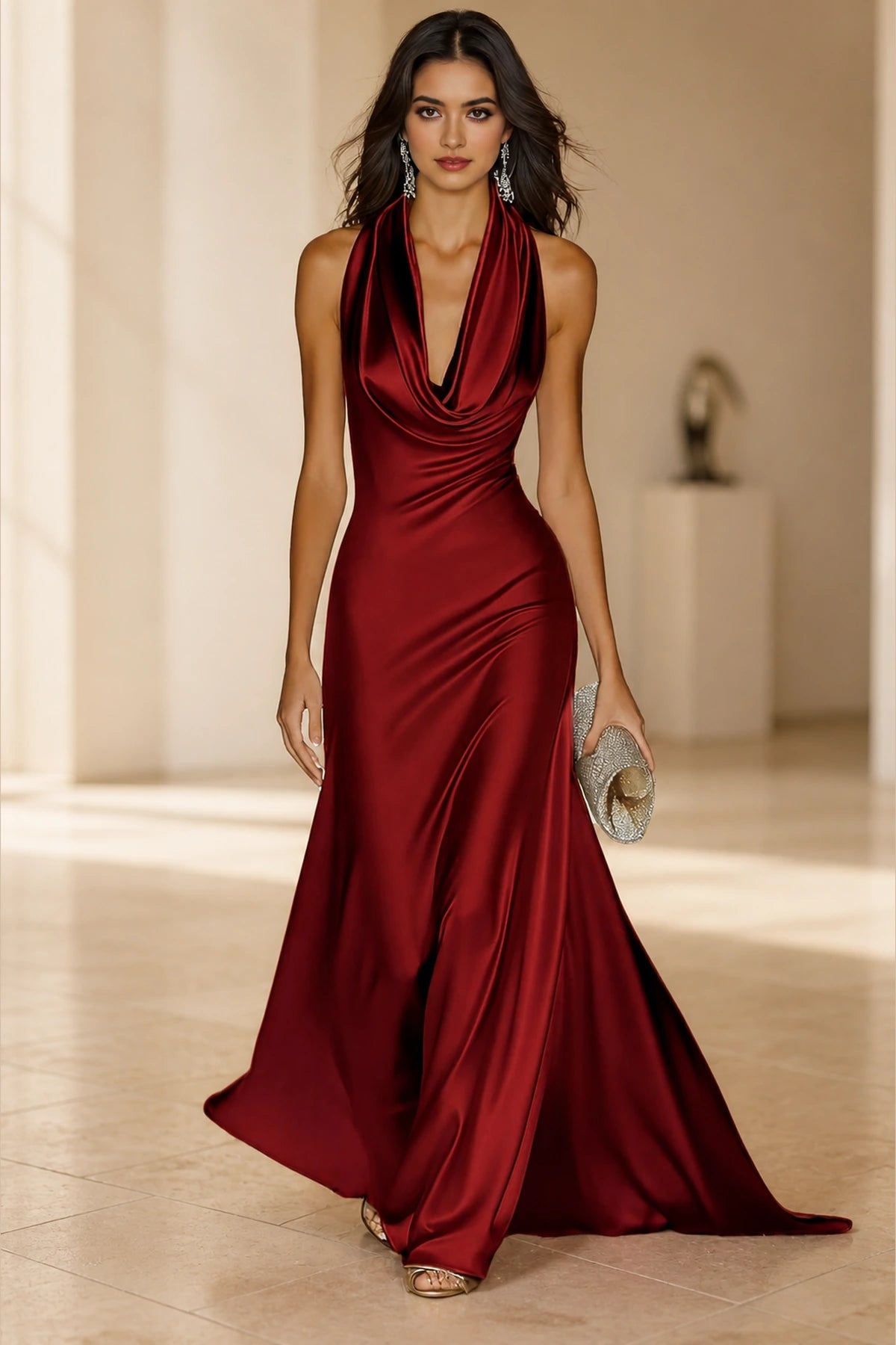 Luxe A-Line Cowl Halter Sleeveless Open-Back Floor-Length Wedding Guest Dress