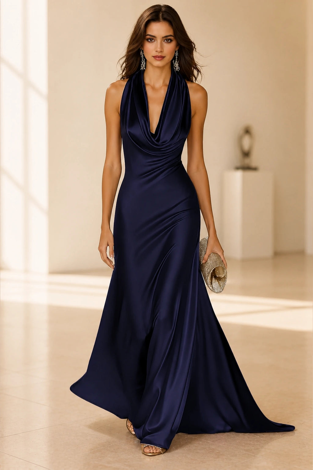 Luxe A-Line Cowl Halter Sleeveless Open-Back Floor-Length Wedding Guest Dress