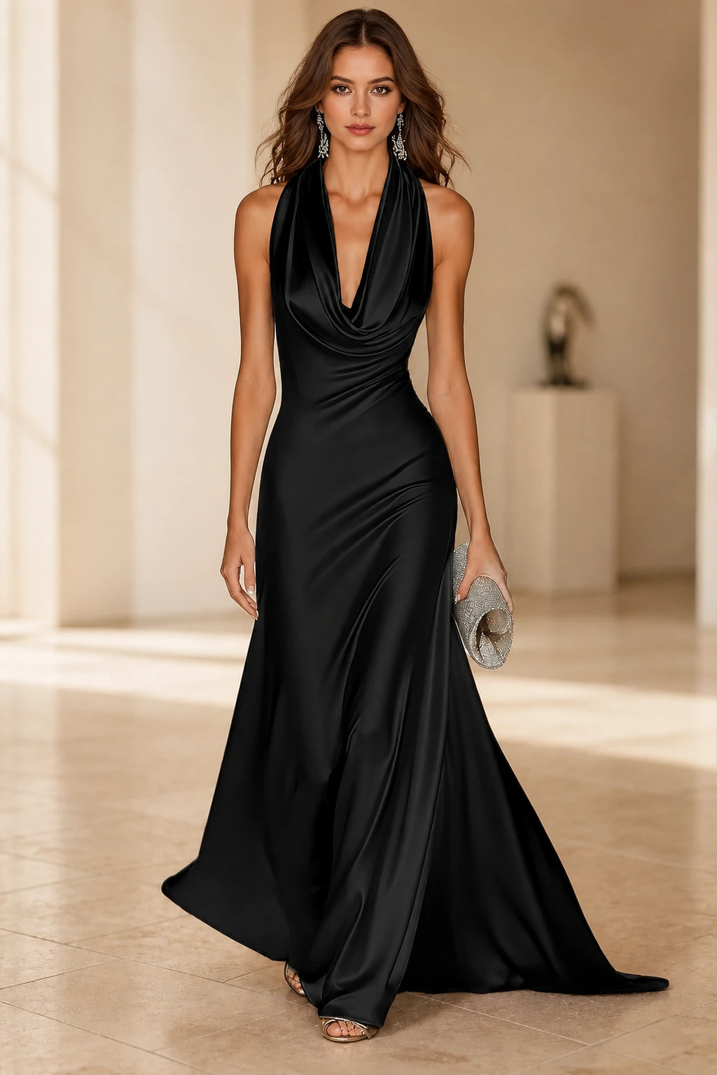 Luxe A-Line Cowl Halter Sleeveless Open-Back Floor-Length Wedding Guest Dress