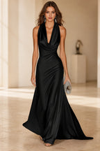 Luxe A-Line Cowl Halter Sleeveless Open-Back Floor-Length Wedding Guest Dress