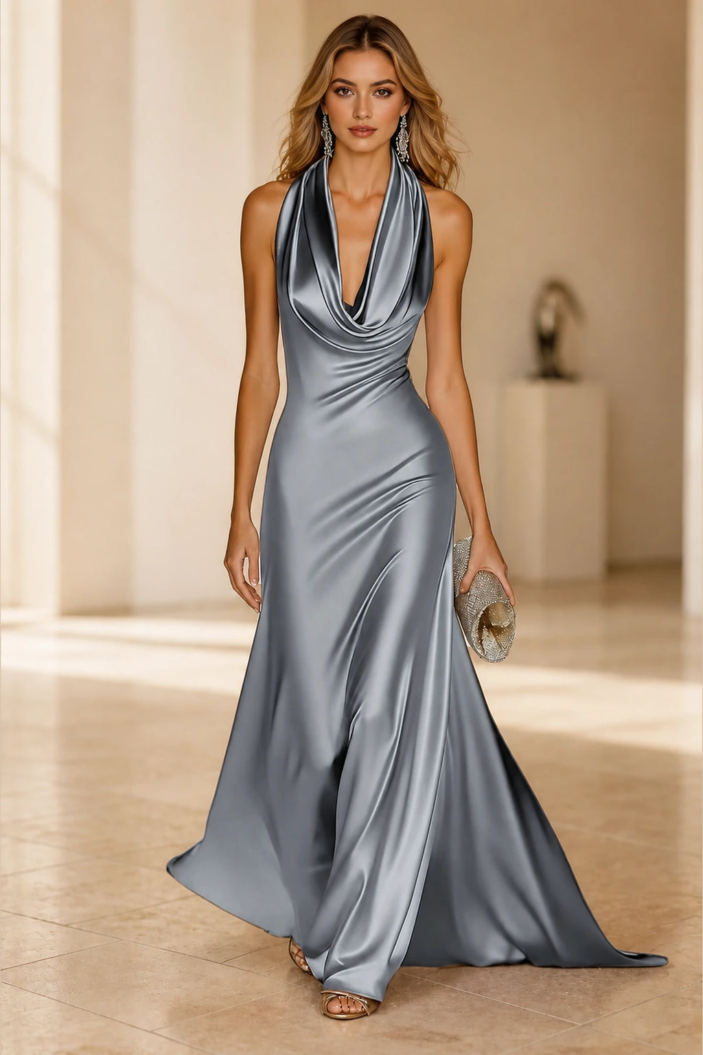 Luxe A-Line Cowl Halter Sleeveless Open-Back Floor-Length Wedding Guest Dress