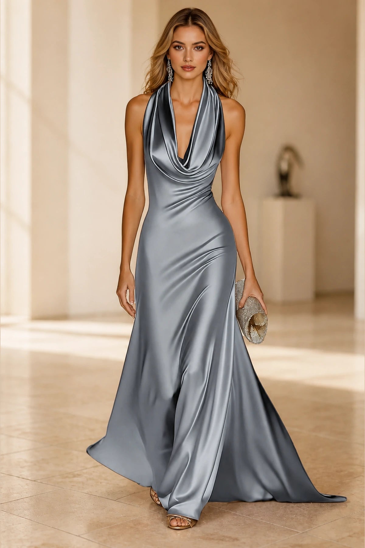 Luxe A-Line Cowl Halter Sleeveless Open-Back Floor-Length Wedding Guest Dress