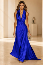 Luxe A-Line Cowl Halter Sleeveless Open-Back Floor-Length Wedding Guest Dress
