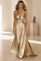 GraceProm champagne gold cowl halter floor-length wedding guest dress