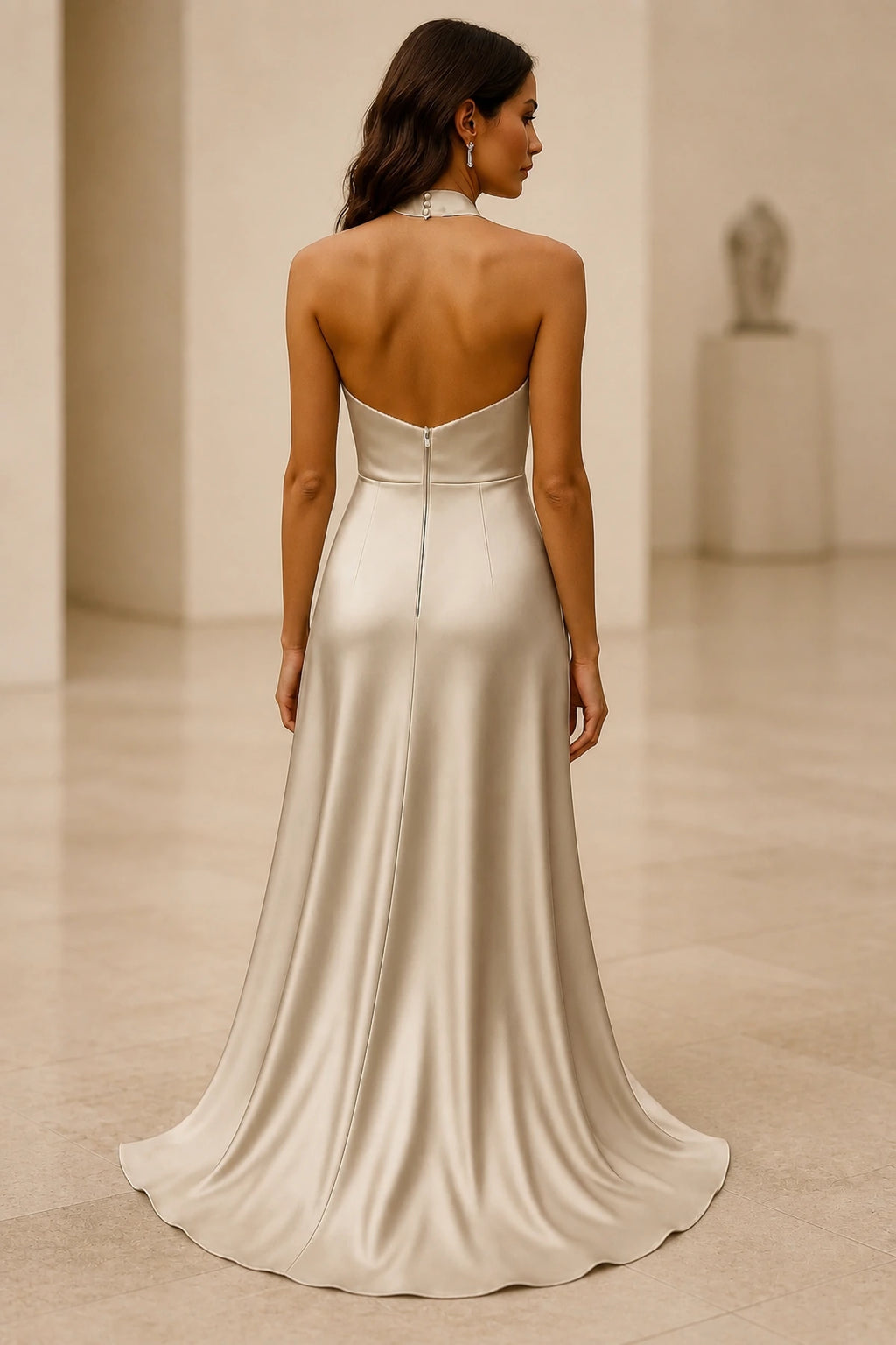Back view of GraceProm champagne gold open-back halter wedding guest dress