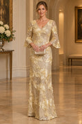 Champagne gold Mother of the Bride Dress with V-neck, bell sleeves, sequins and dimensional floral appliqué