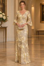 Champagne gold Mother of the Bride Dress with V-neck, bell sleeves, sequins and dimensional floral appliqué