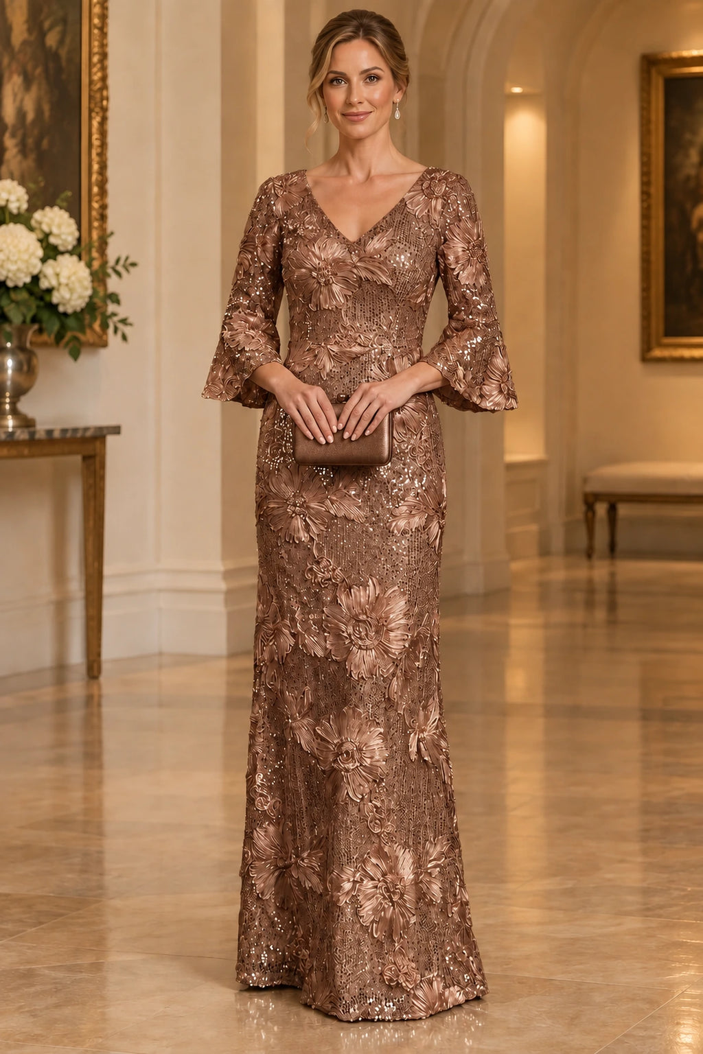 Regal Sheath V-Neck Bell Sleeves Closed Back Floor-Length Mother of the Bride Dress