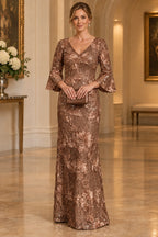 Regal Sheath V-Neck Bell Sleeves Closed Back Floor-Length Mother of the Bride Dress