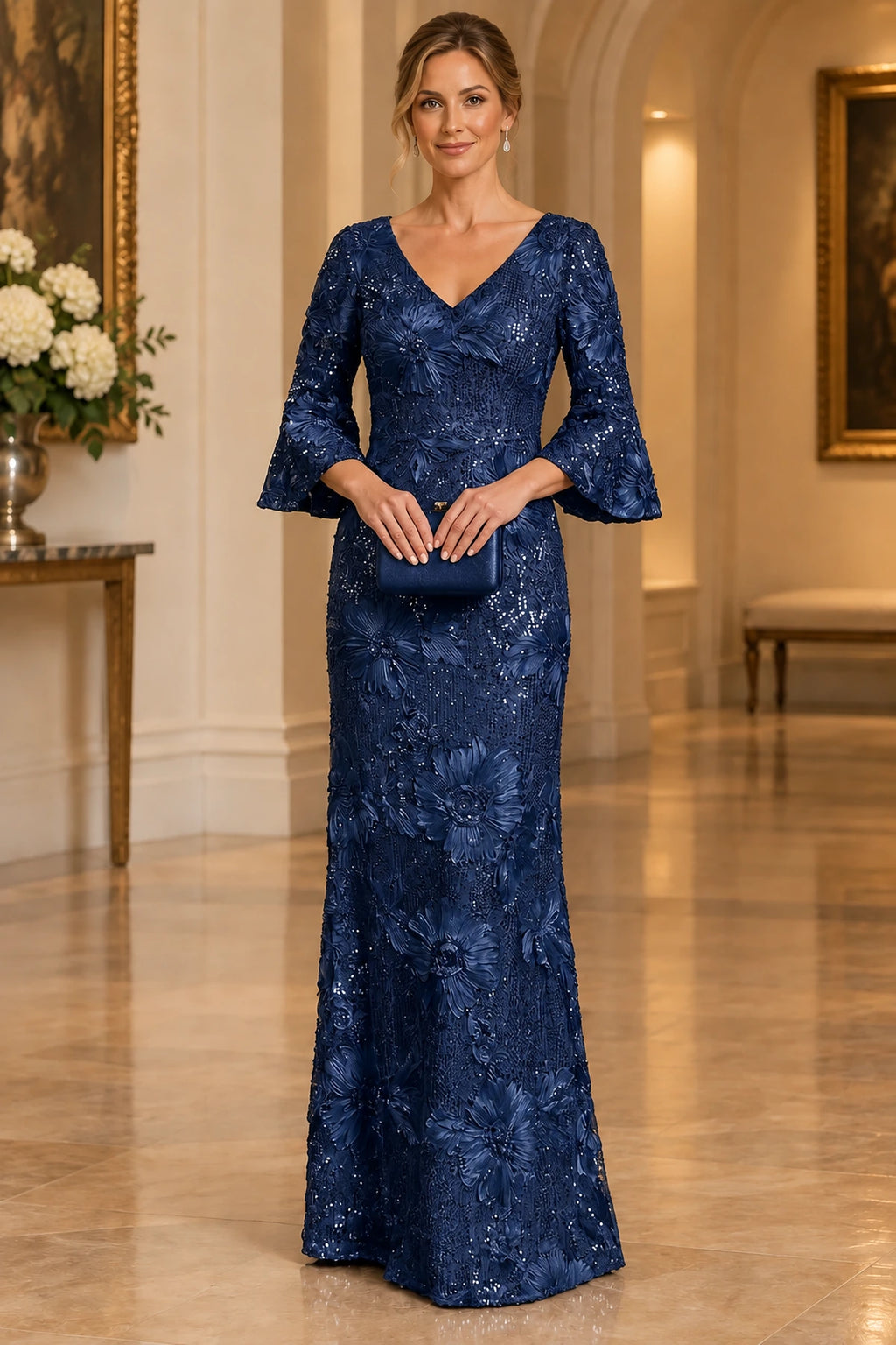 Regal Sheath V-Neck Bell Sleeves Closed Back Floor-Length Mother of the Bride Dress