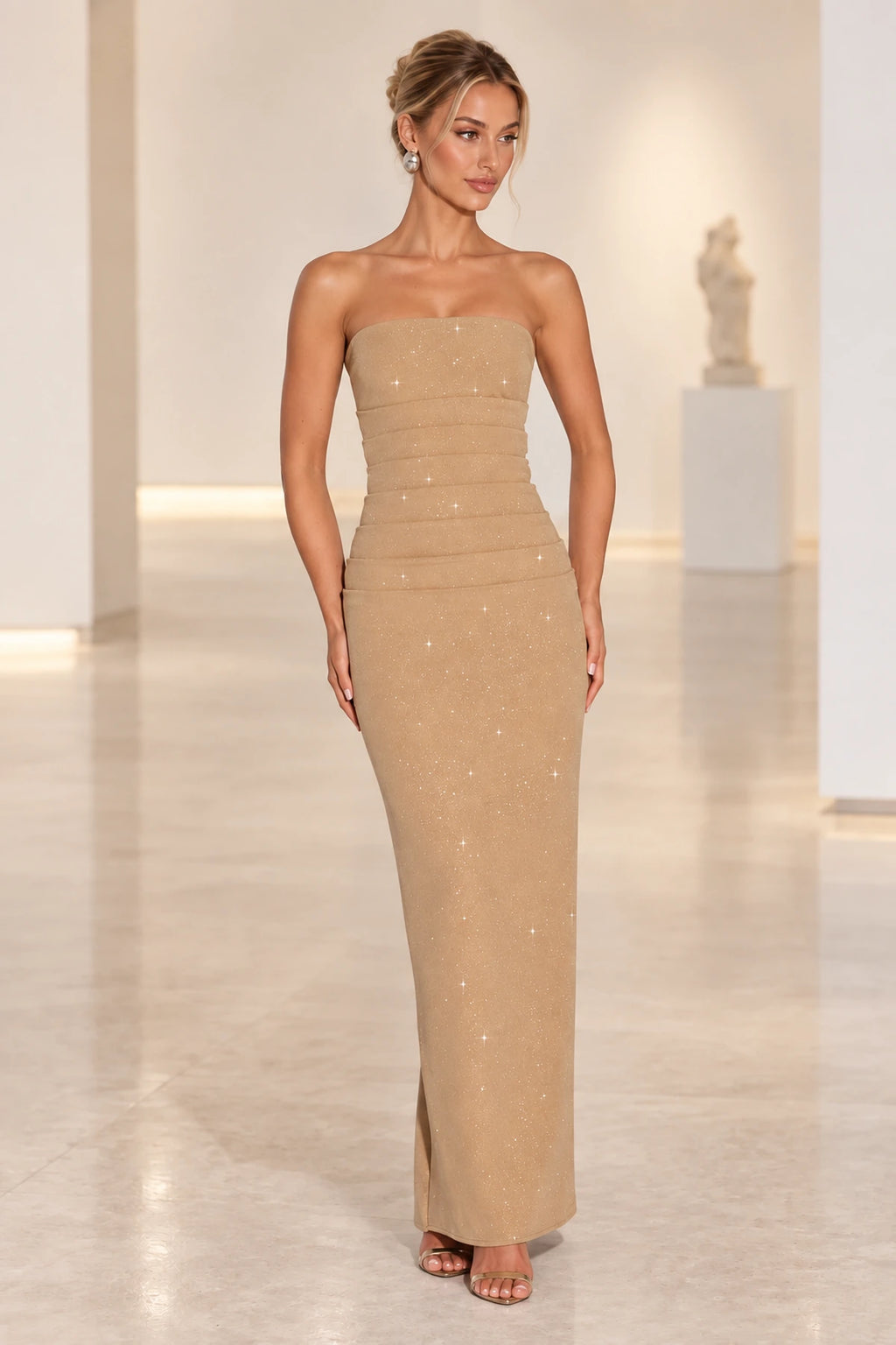 Champagne gold strapless sparkle evening dress with fitted silhouette by Graceprom