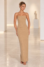 Champagne gold strapless sparkle evening dress with fitted silhouette by Graceprom