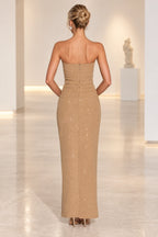 Champagne gold formal gown with zipper back and glitter fabric detail
