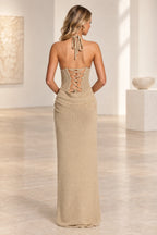 Champagne mermaid evening dress with lace up open back design
