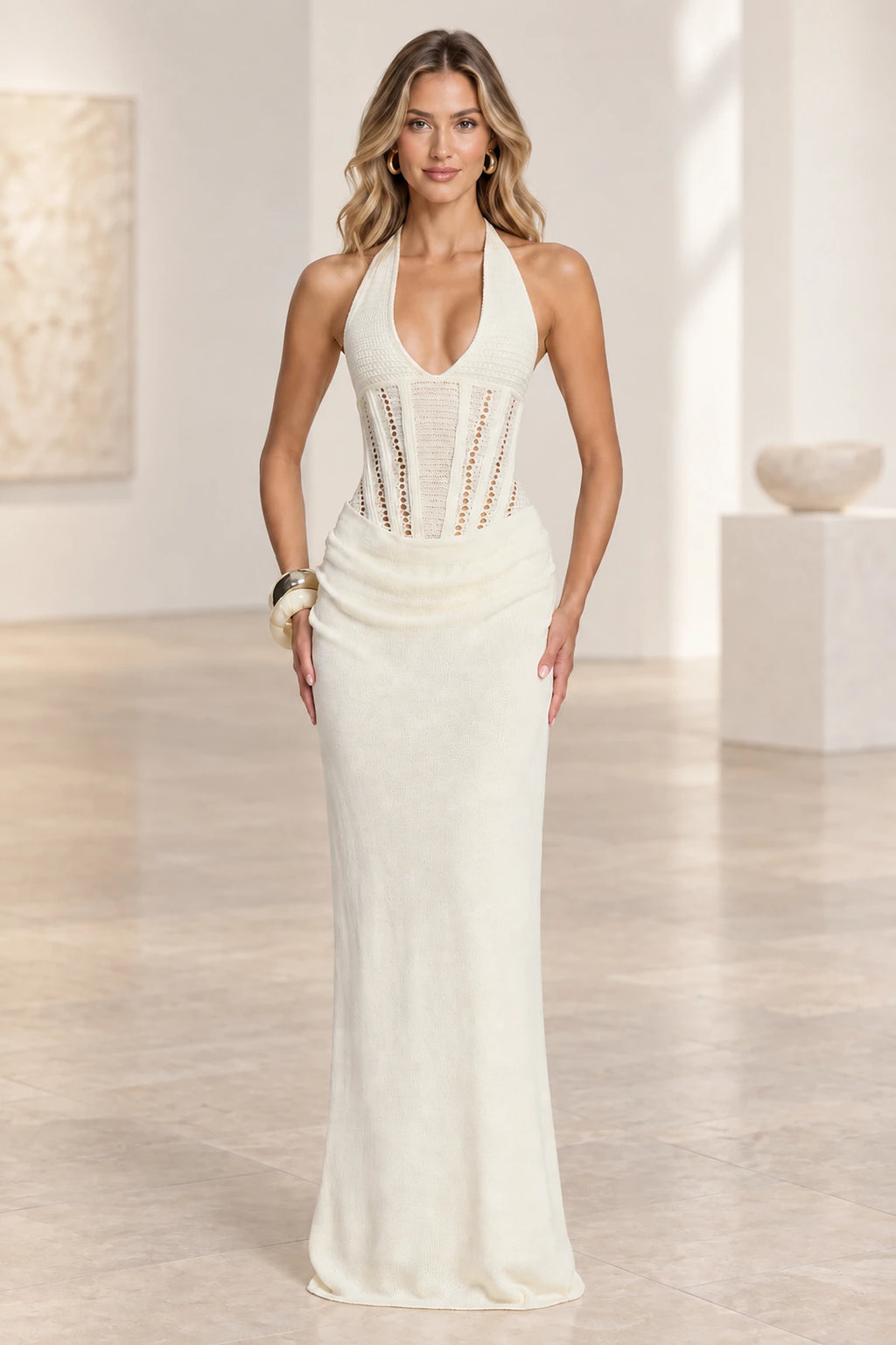 Elegant Mermaid Halter Sleeveless Lace Up Back Evening Dress