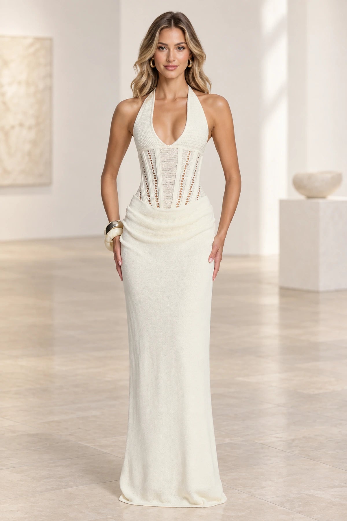 Elegant Mermaid Halter Sleeveless Lace Up Back Evening Dress