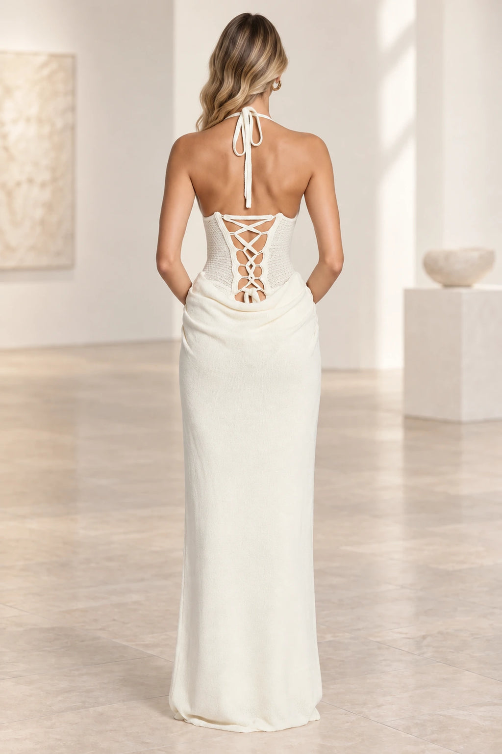 Elegant Mermaid Halter Sleeveless Lace Up Back Evening Dress