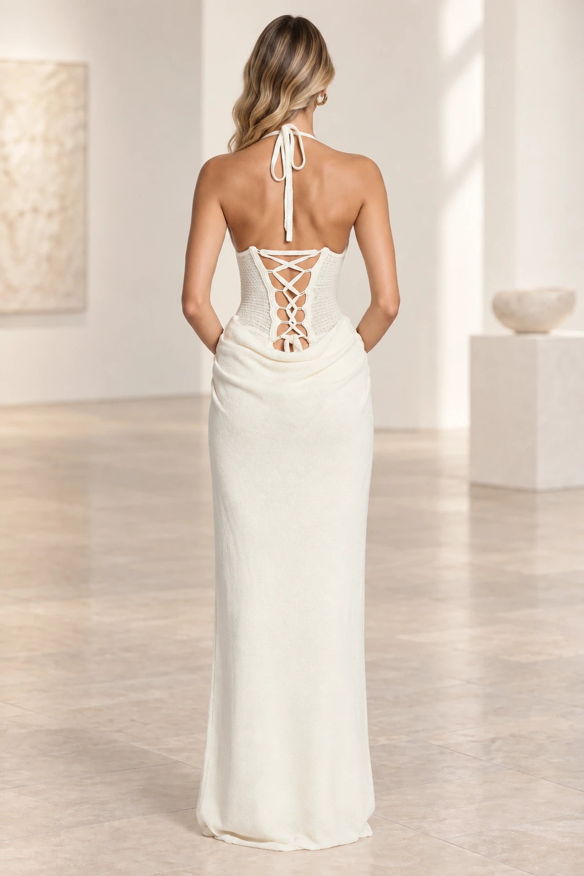 Elegant Mermaid Halter Sleeveless Lace Up Back Evening Dress