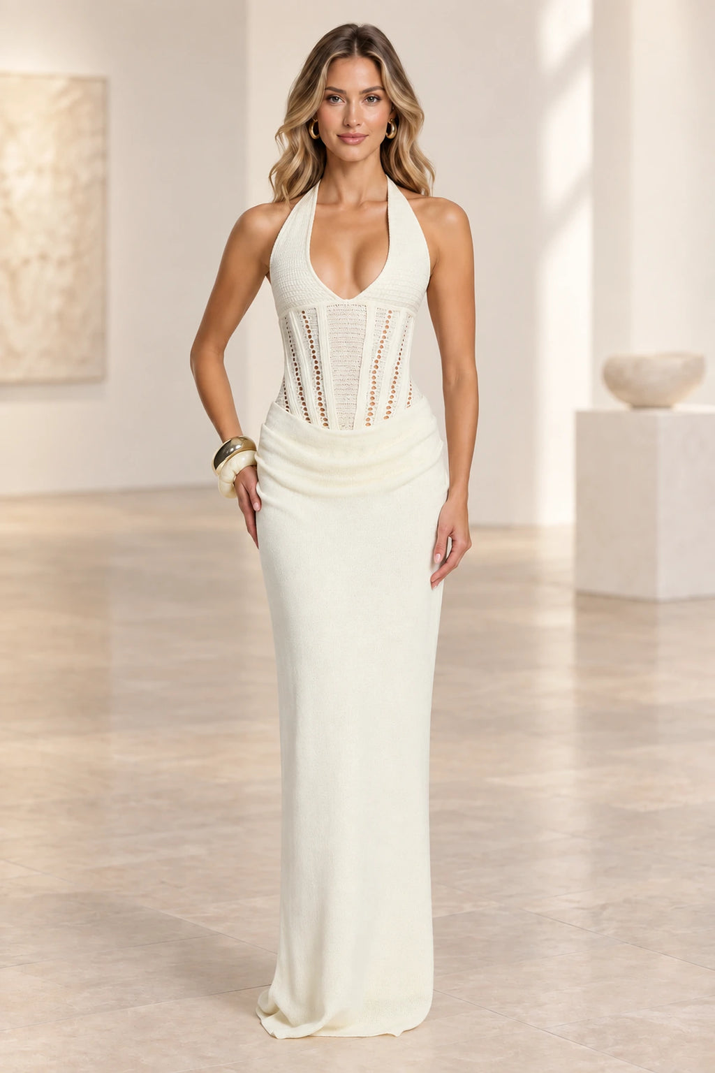 Elegant Mermaid Halter Sleeveless Lace Up Back Evening Dress