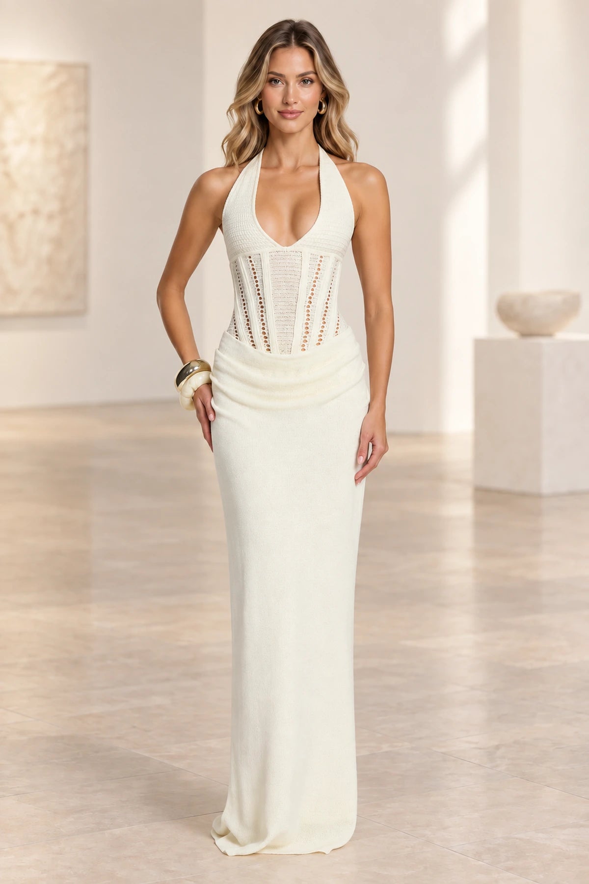 Elegant Mermaid Halter Sleeveless Lace Up Back Evening Dress