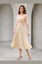 Graceful A-Line Illusion Bateau Elbow Sleeve V-Back Tea-Length Mother of Bride Dress