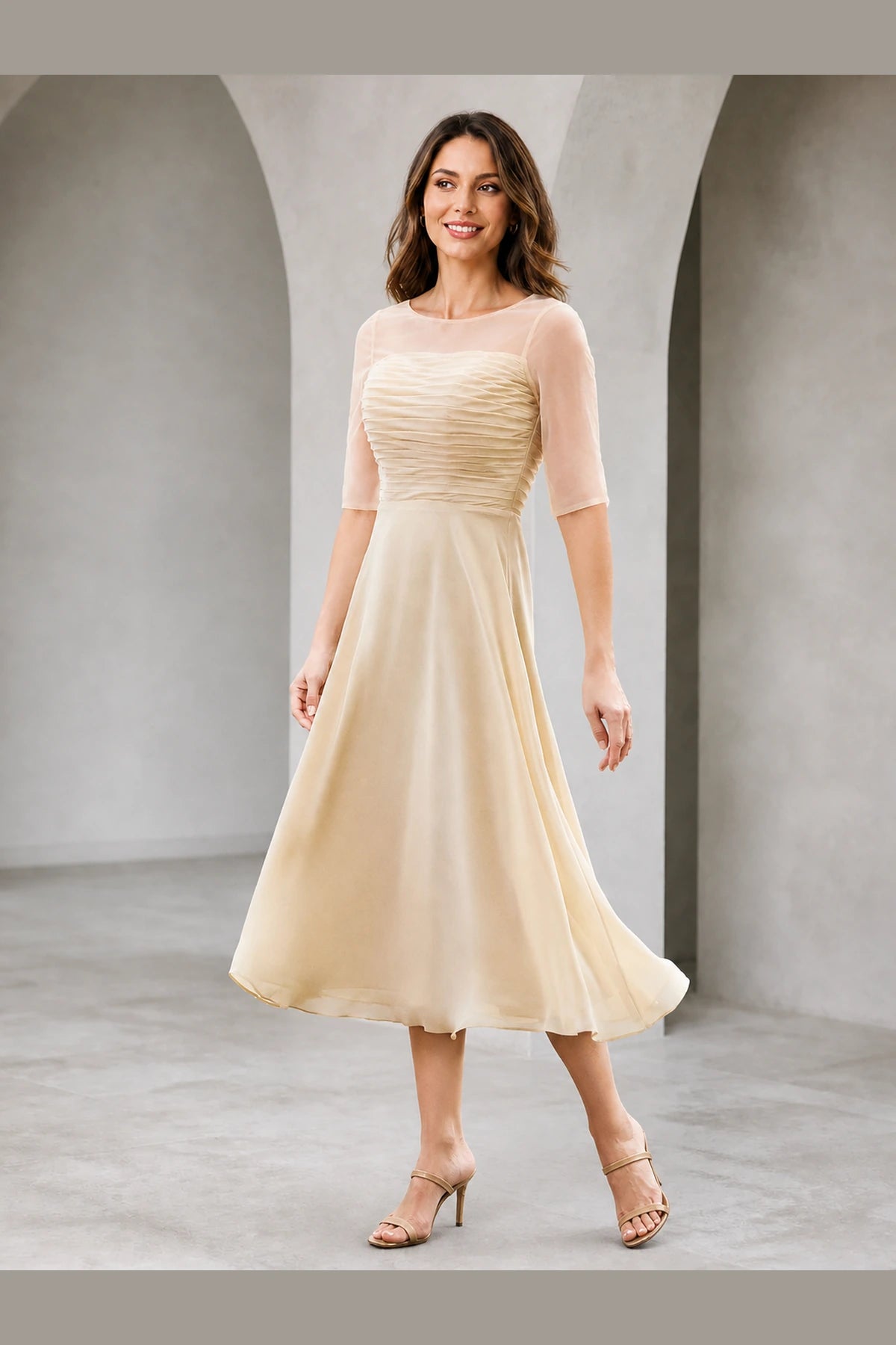 Graceful A-Line Illusion Bateau Elbow Sleeve V-Back Tea-Length Mother of Bride Dress