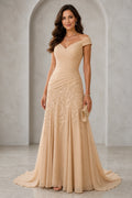 Champagne V-neck lace floor-length mother of the bride dress with ruched bodice