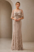 Champagne mother of the bride dress with illusion neckline, lace appliqués, cape sleeves and floor-length sheath silhouette