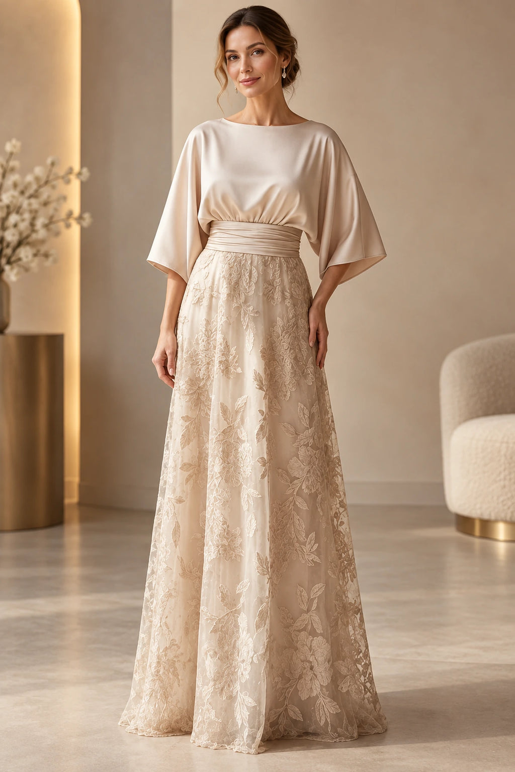 Champagne Mother of the Bride Dress with bateau neckline, cape sleeves, ruched waist and floral lace skirt