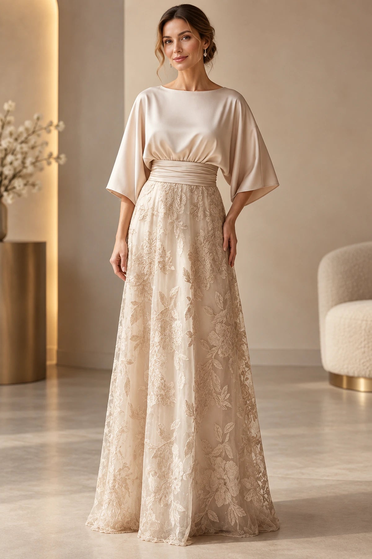 Champagne Mother of the Bride Dress with bateau neckline, cape sleeves, ruched waist and floral lace skirt