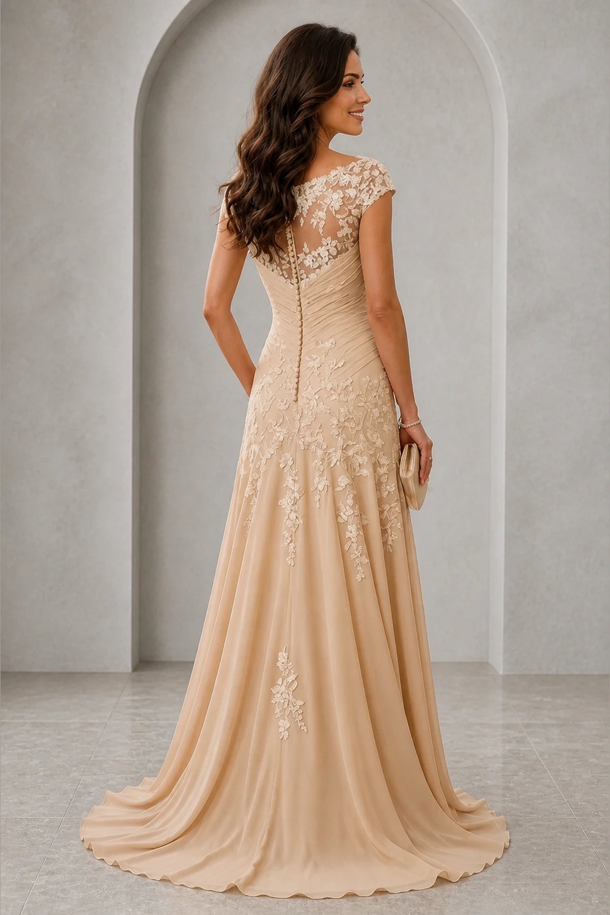 Champagne lace mother of the bride dress with illusion back and button details