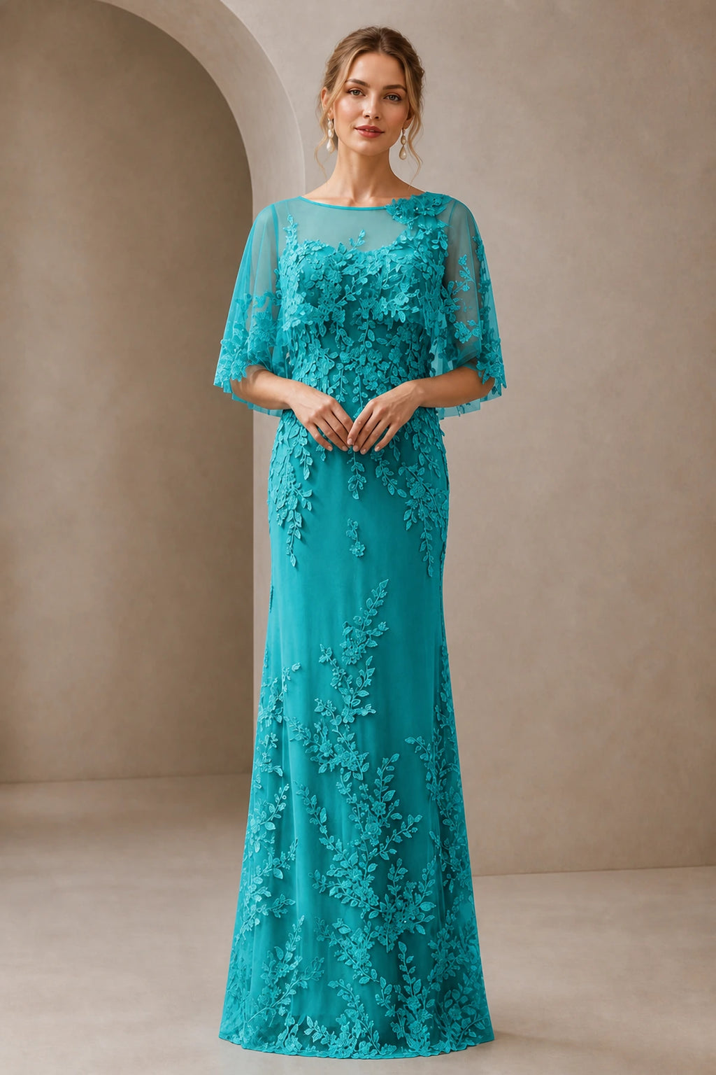 Graceful Sheath Illusion-Neck Cape-Sleeve Keyhole-Back Floor-Length Mother of the Bride Dress