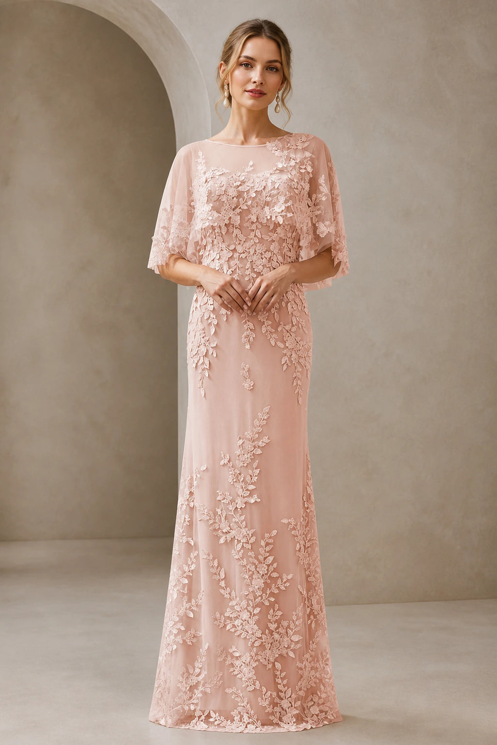 Graceful Sheath Illusion-Neck Cape-Sleeve Keyhole-Back Floor-Length Mother of the Bride Dress