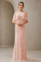 Graceful Sheath Illusion-Neck Cape-Sleeve Keyhole-Back Floor-Length Mother of the Bride Dress