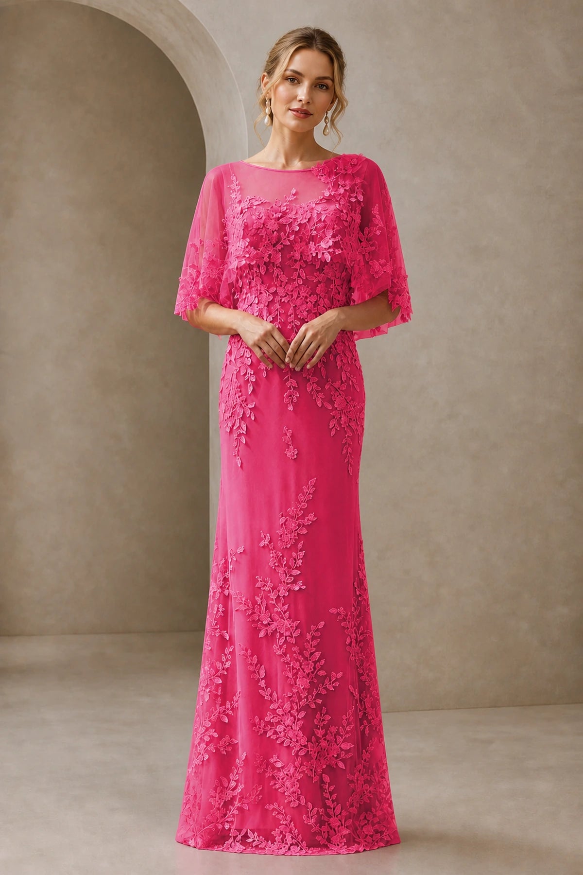 Graceful Sheath Illusion-Neck Cape-Sleeve Keyhole-Back Floor-Length Mother of the Bride Dress