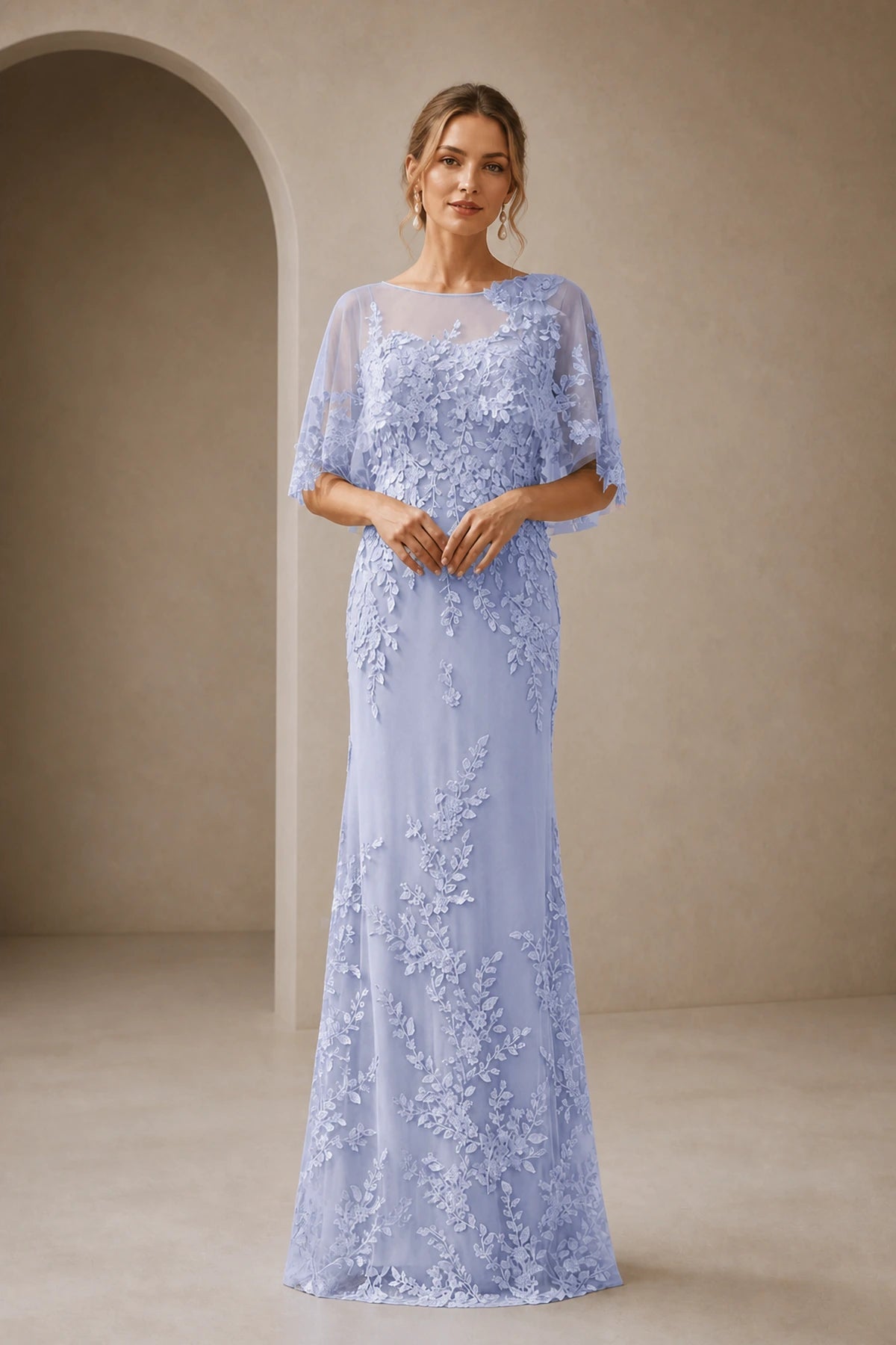 Graceful Sheath Illusion-Neck Cape-Sleeve Keyhole-Back Floor-Length Mother of the Bride Dress