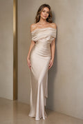 Champagne satin off shoulder long bridesmaid dress by GraceProm