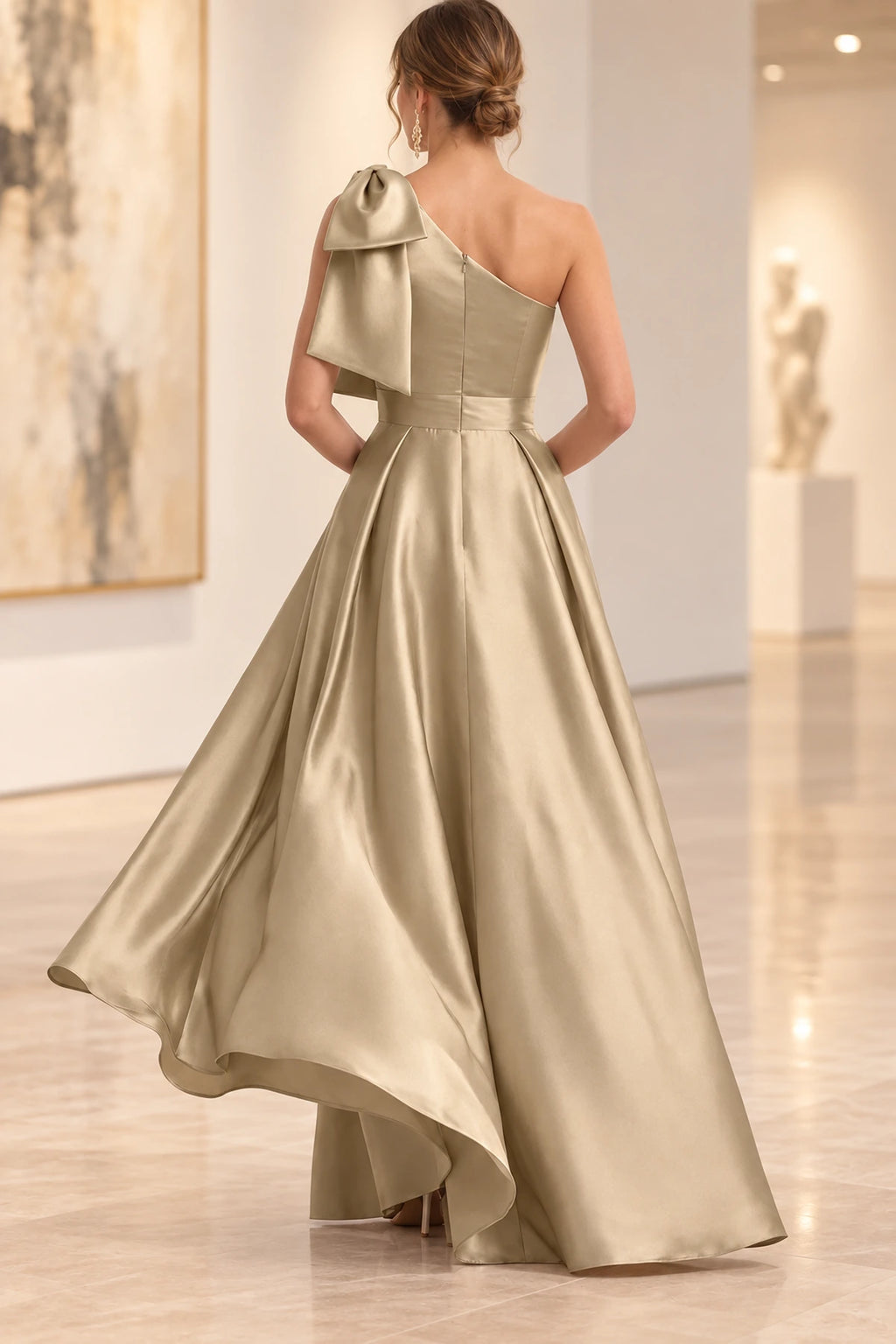 Back view of champagne Mother of the Bride Dress with one-shoulder neckline, bow detail, and floor-length silhouette