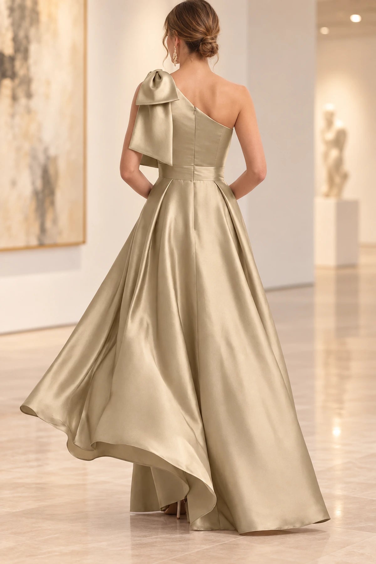 Back view of champagne Mother of the Bride Dress with one-shoulder neckline, bow detail, and floor-length silhouette