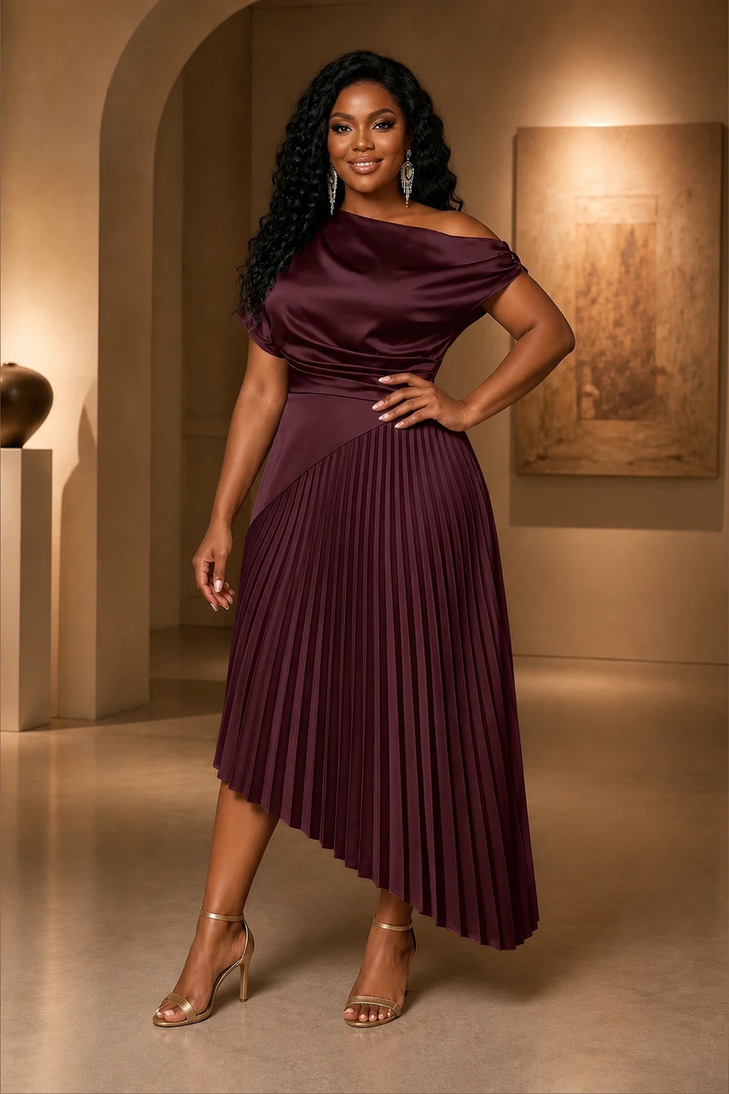 Sophisticated A-Line Asymmetric-Neck Short-Sleeve Closed-Back Midi Wedding Guest Dress