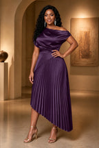 Sophisticated A-Line Asymmetric-Neck Short-Sleeve Closed-Back Midi Wedding Guest Dress