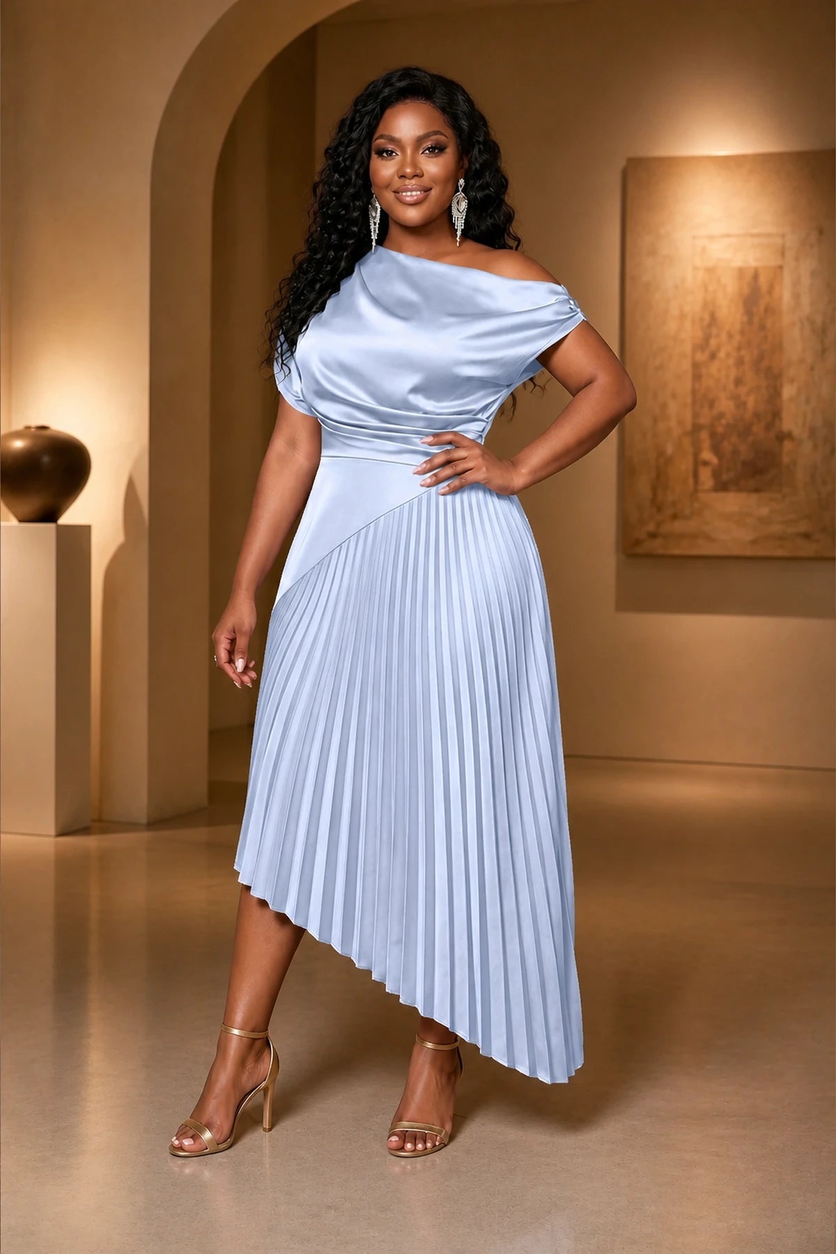 Sophisticated A-Line Asymmetric-Neck Short-Sleeve Closed-Back Midi Wedding Guest Dress
