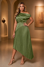 Sophisticated A-Line Asymmetric-Neck Short-Sleeve Closed-Back Midi Wedding Guest Dress