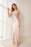 Champagne satin square neck sleeveless long bridesmaid dress by Graceprom