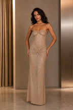 Graceprom champagne strapless sweetheart glitter sheath evening dress with ruched knot details