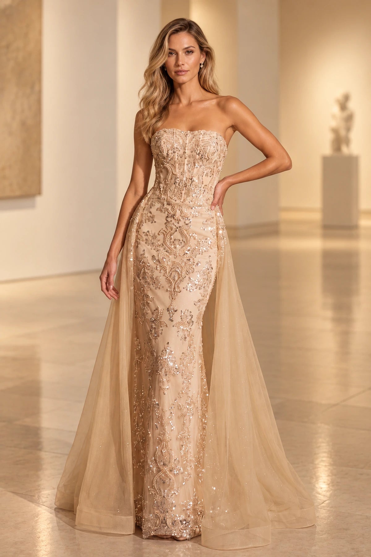 Champagne mermaid evening dress with a strapless curved neckline, intricate shimmering sequin embellishments, and flowing sheer tulle overskirt by Graceprom.