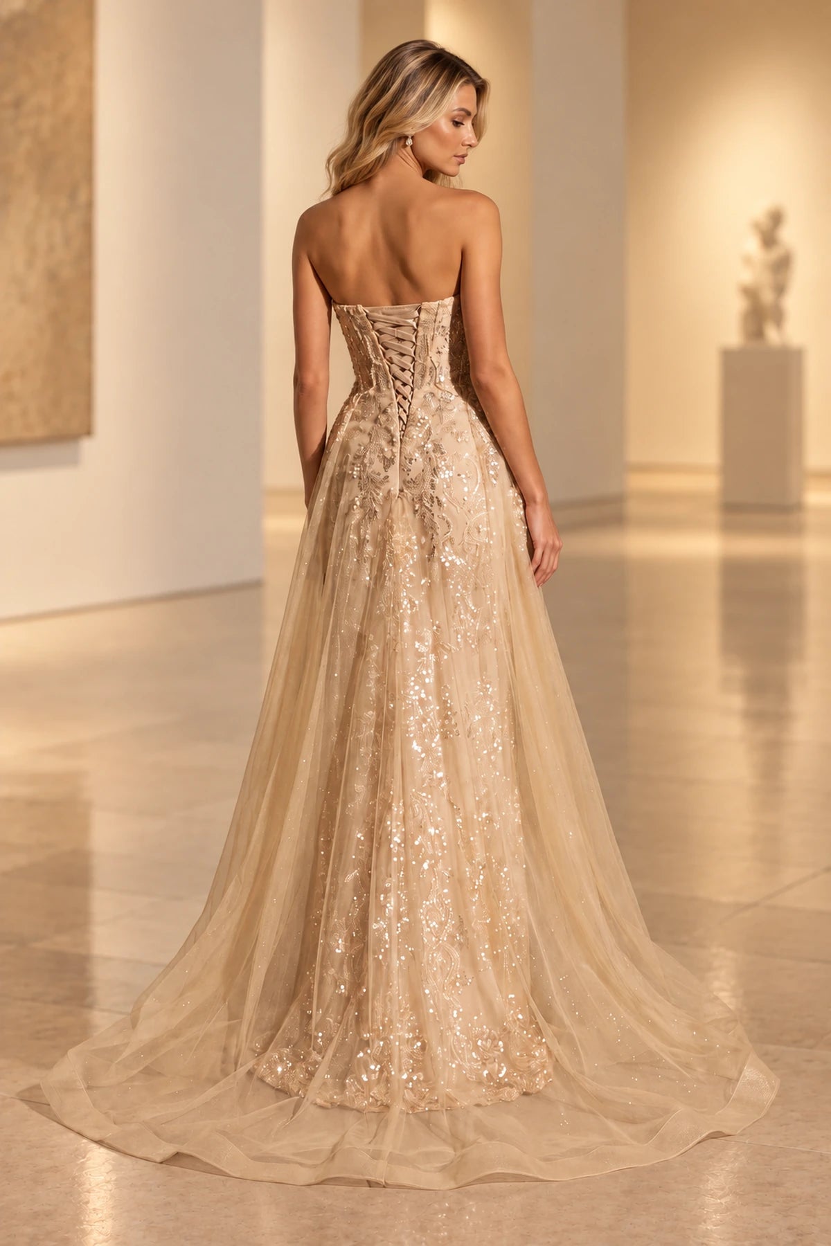 Back view of champagne strapless mermaid evening dress featuring a lace-up corset back, sparkling embellishments, and flowing tulle sweep train.